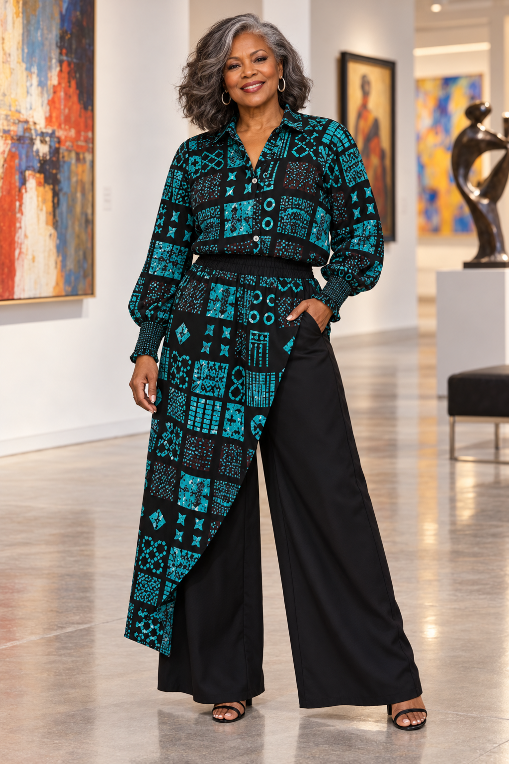 Teal & Black Geometric Print Wide-Leg Pants Set