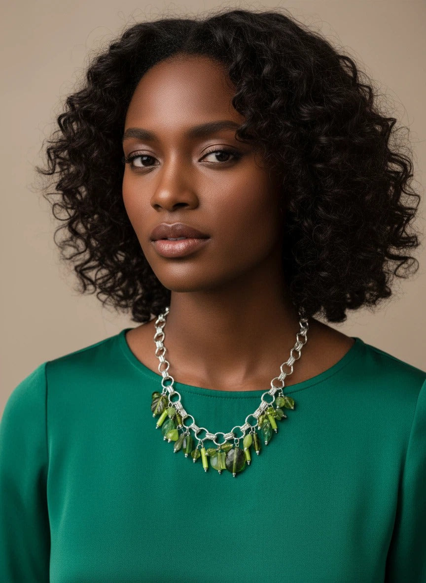 Silver-Tone Green Crystal Fringe Necklace