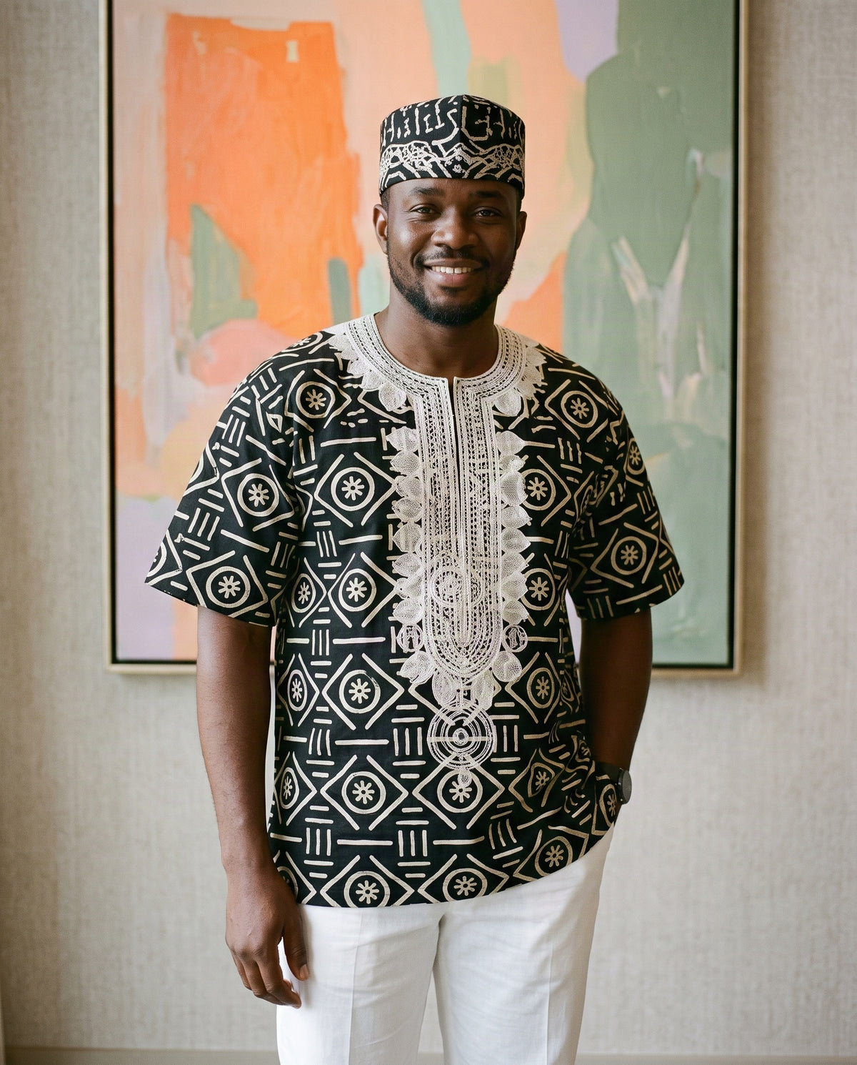 Men's African Print Dashiki Shirt – Black and Cream