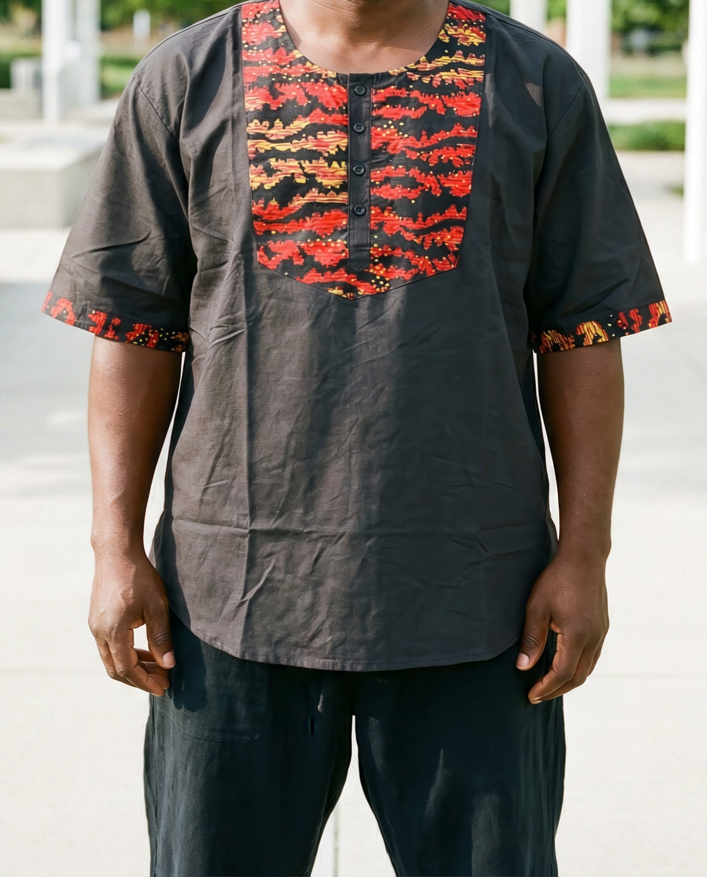 Men's African Black Red/Black Print Half Sleeve Shirt
