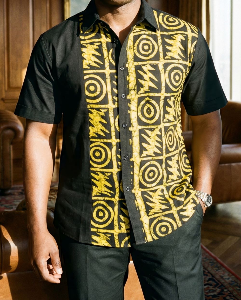 Men's African Yellow Print Button Down Short Sleeve Shirt (3XL)