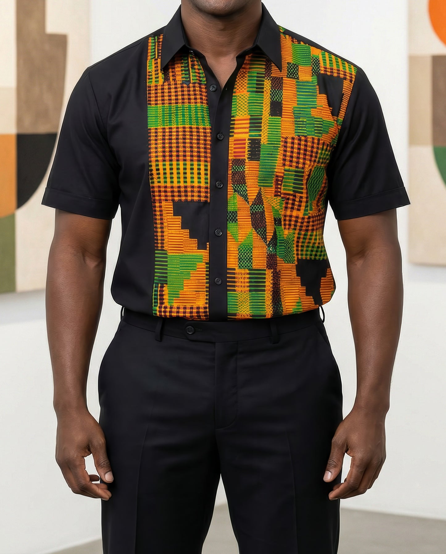 Men's African Kente Print Button Down Short Sleeve Shirt (M)