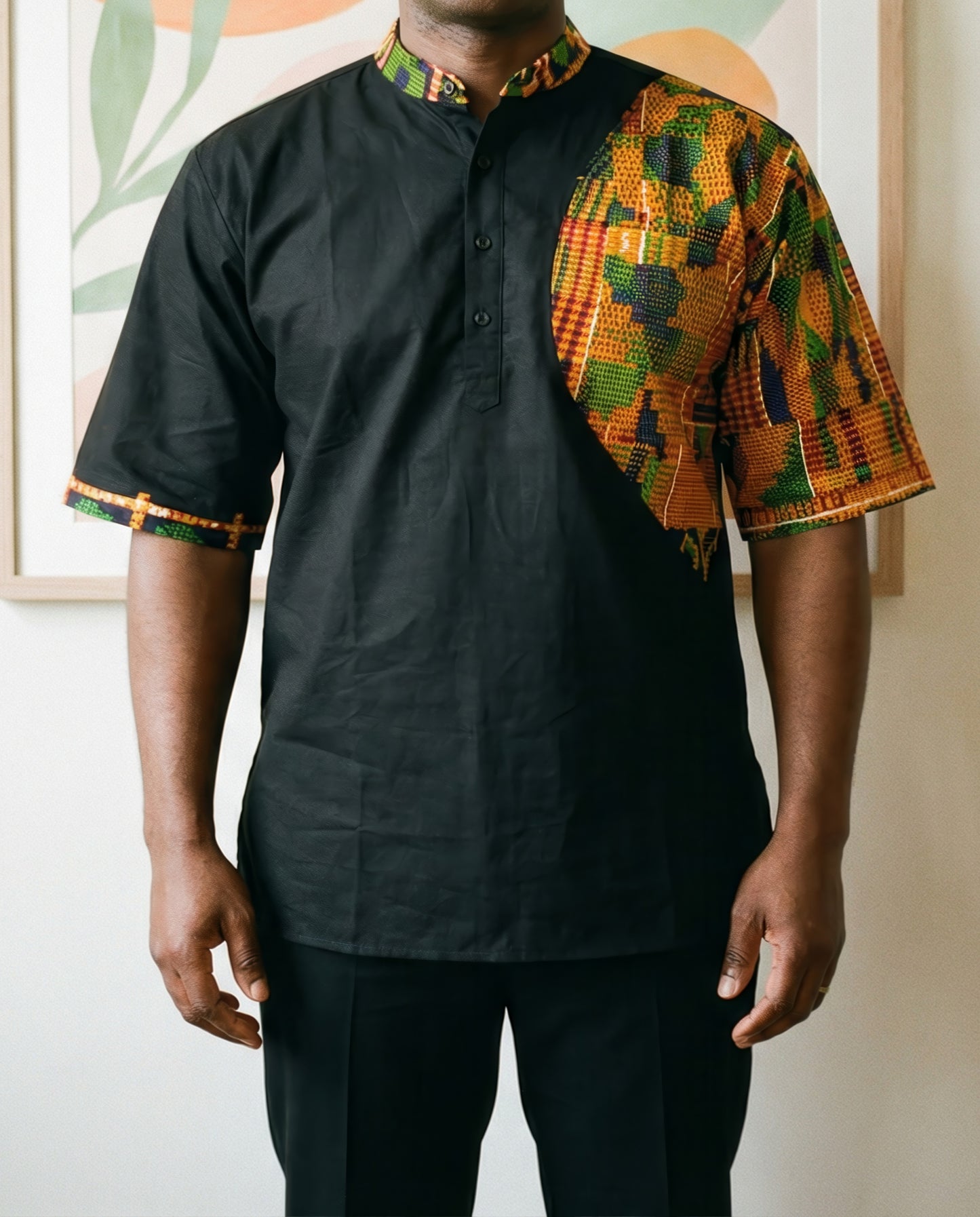 Men's African Kente Print Half Button Short Sleeve Shirt (3XL)
