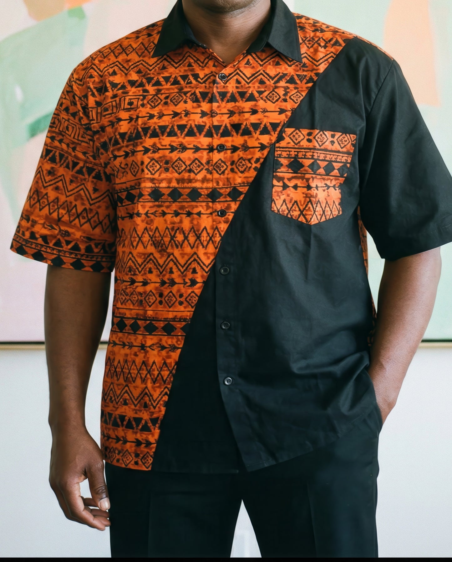 Men's African Orange Geometric Print Short Sleeve Shirt (3XL)