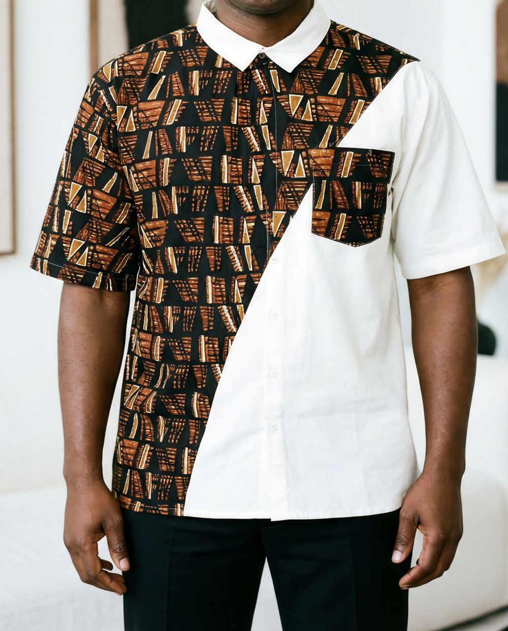 Men's African White Geometric Print Short Sleeve Shirt (XL)