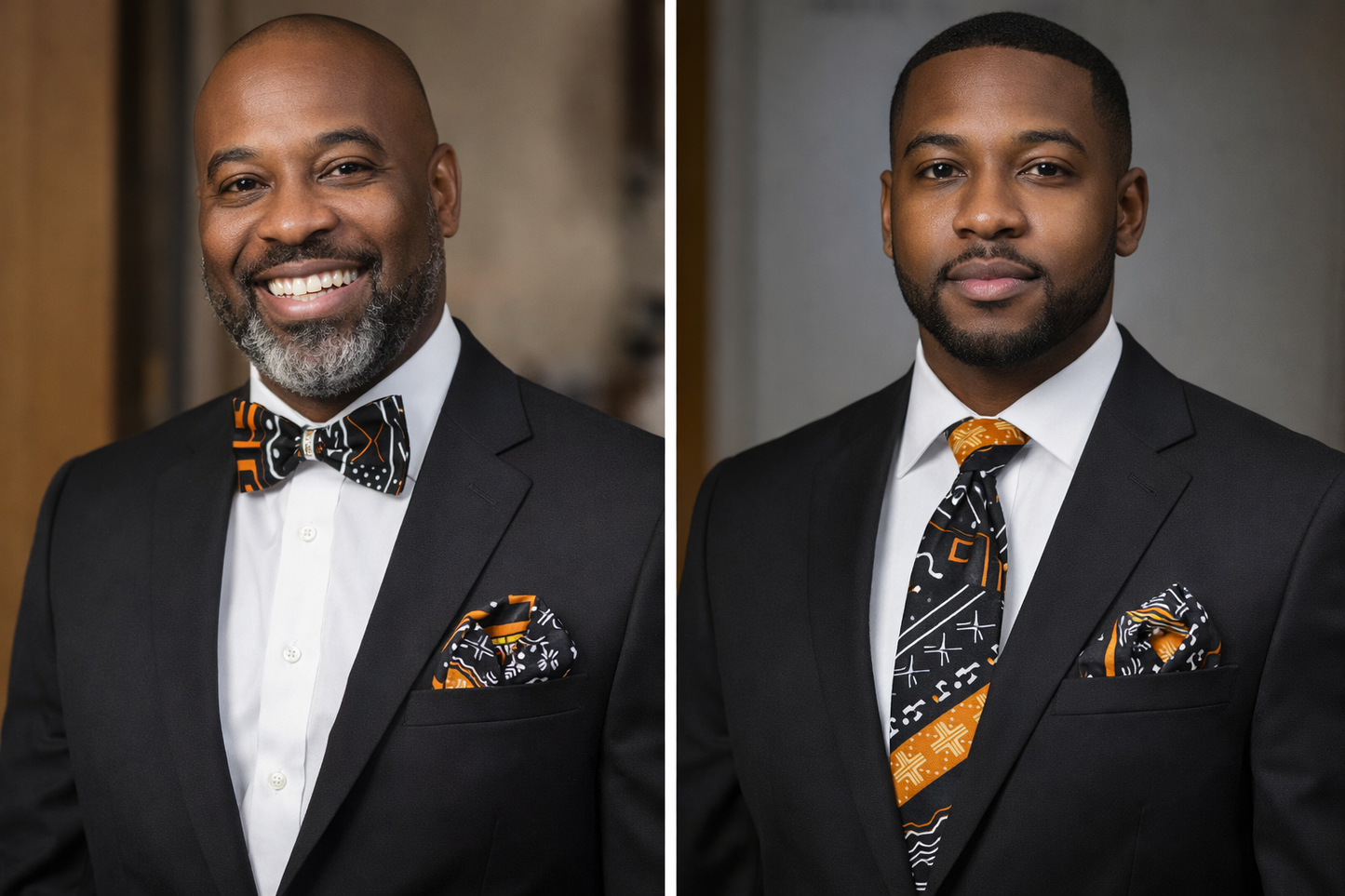 Royal Mudcloth Black & Orange Bow Tie & Necktie Set with Matching Pocket Squares