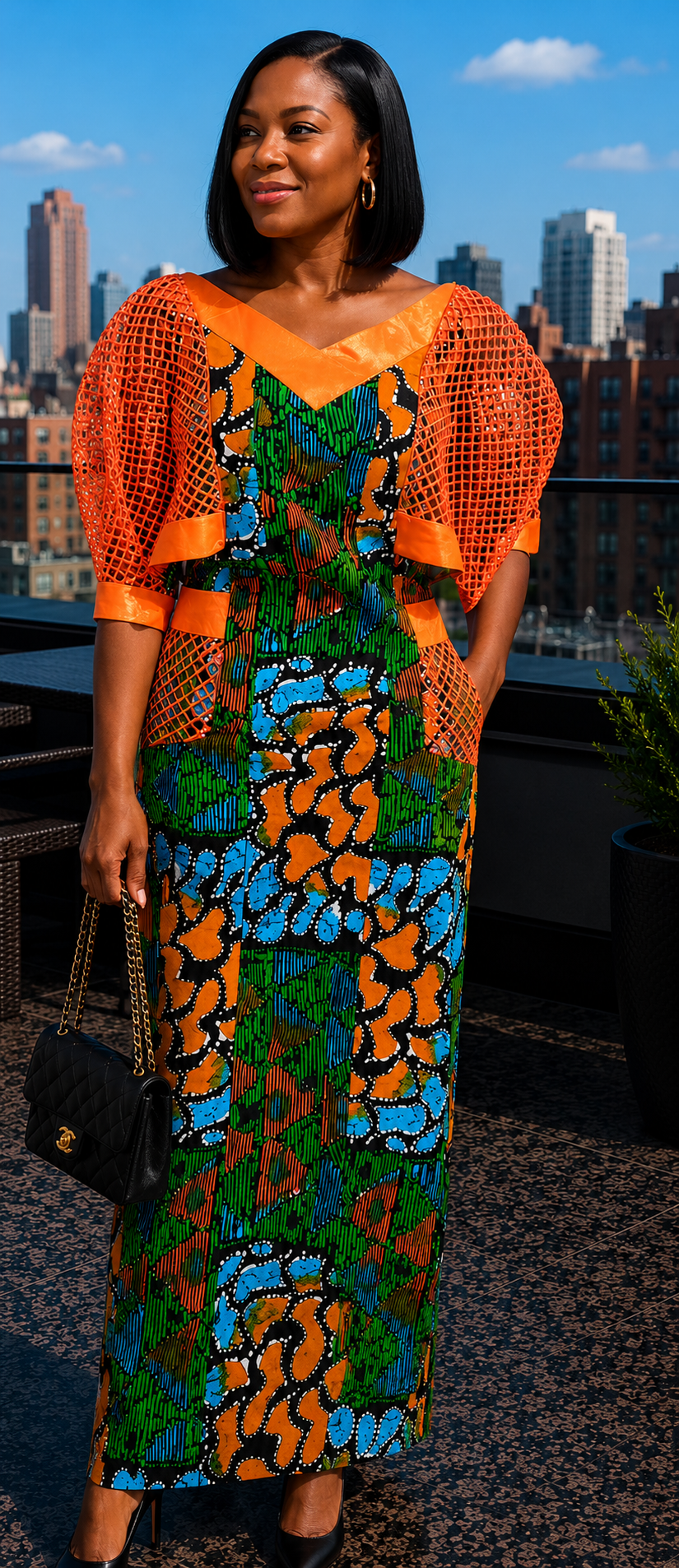 Long Orange Ankara w/Embroidery Hand Stitched African Print Dress