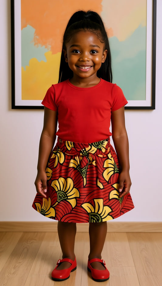 Ankara African Red Floral Print Skirt for Toddler Girls (Small)