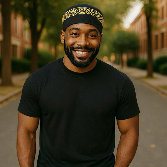 Black Gold Trim Embroidered Kufi Hat