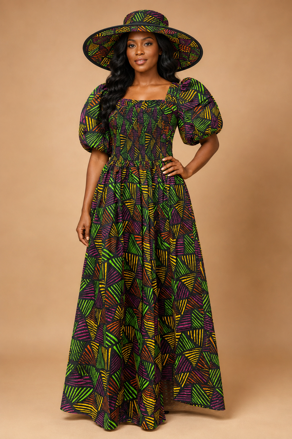 3pc Multi-Print African Slit Dress and Hat Set