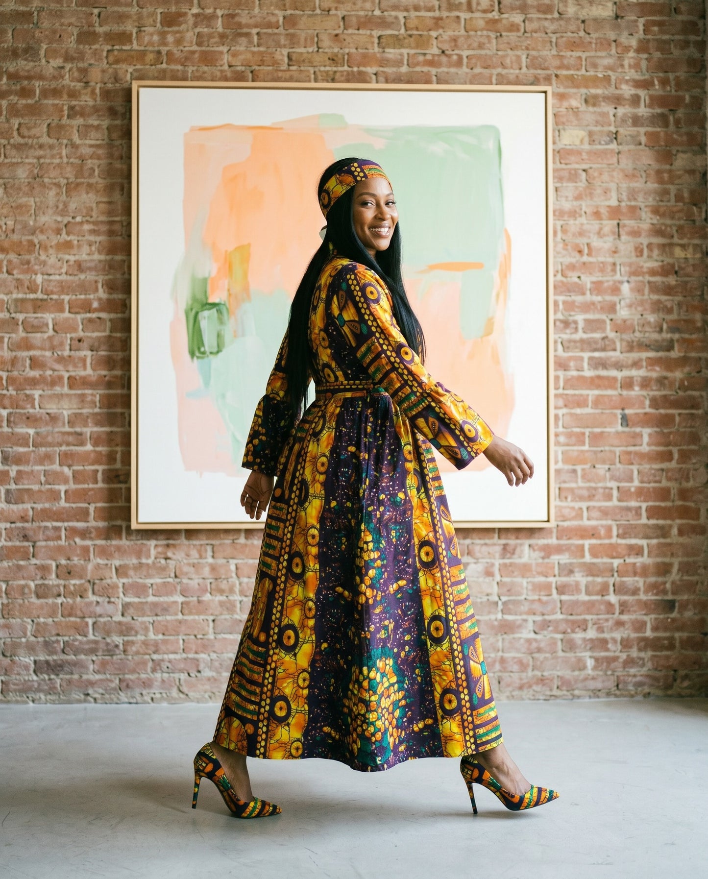 Vibrant Ankara Purple/Gold Maxi Dress with Belt & Matching Headwrap