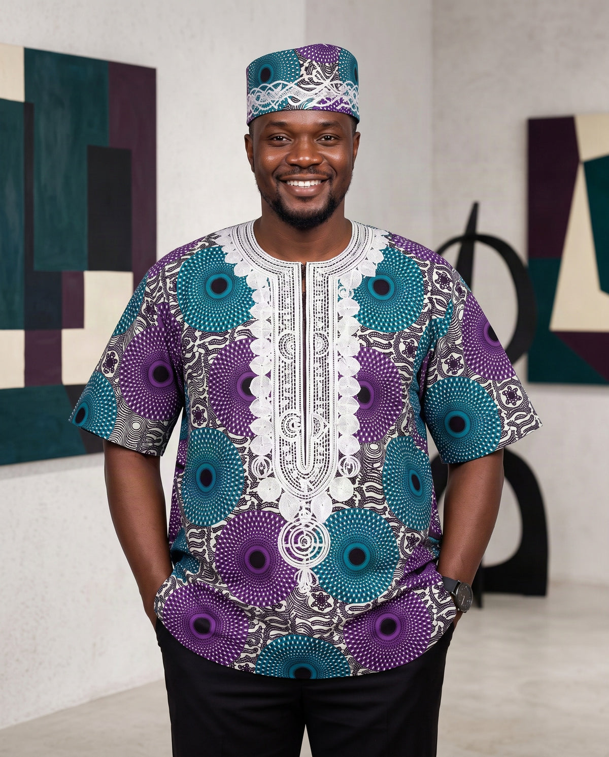 Men’s Purple & Teal African Print Dashiki Shirt