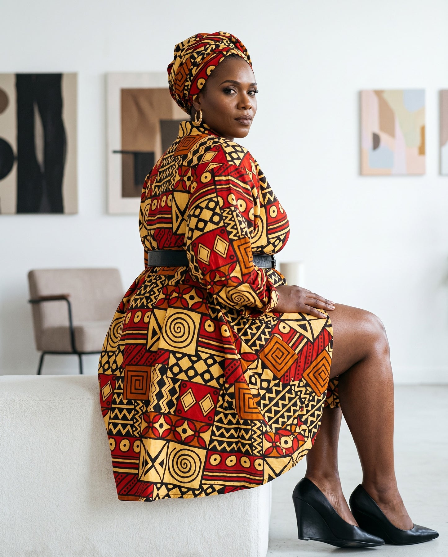 African Big Button Cream Multi-Print Ankara Dress