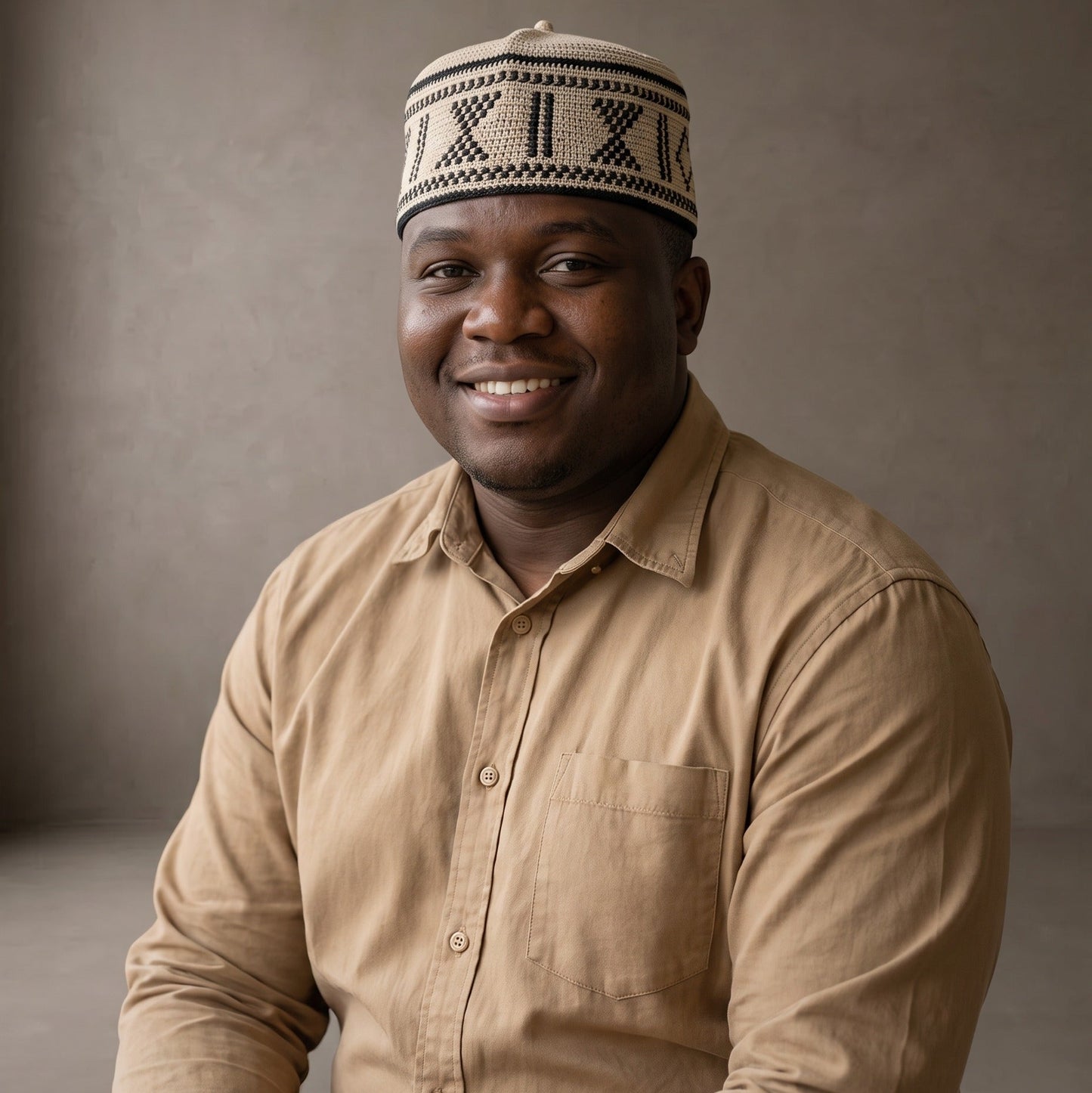 A smiling man wearing a beige long-sleeve button-up shirt and a cream-colored skullcap with black geometric patterns, photographed against a neutral gray studio background.