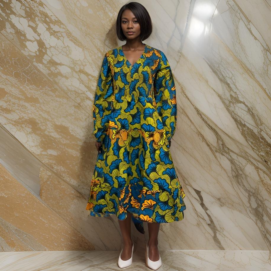 African Floral Ankara Print Long Full Sleeve Dress