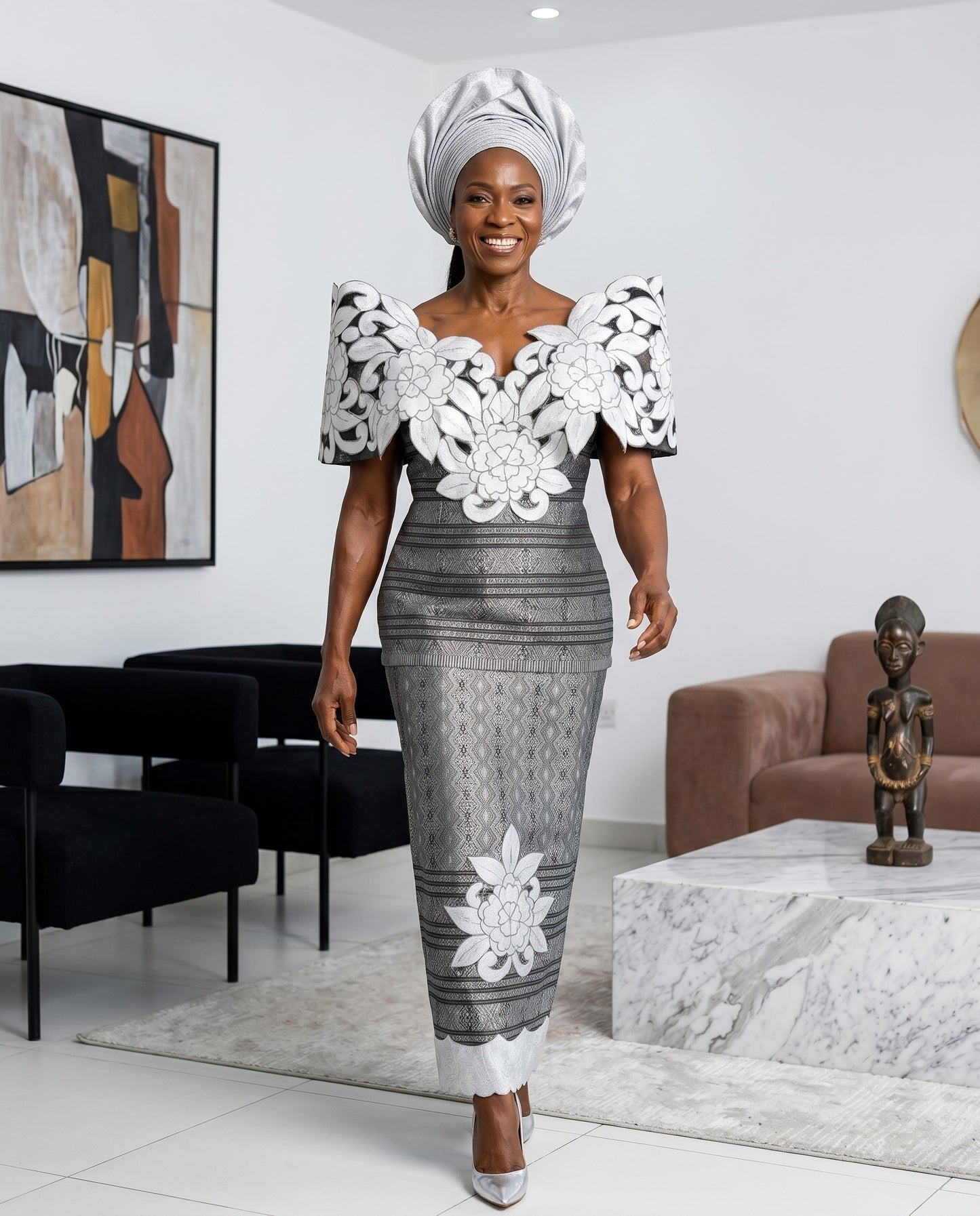 Women's Silver Nigerian Queen Lace Iro & Buba Dress