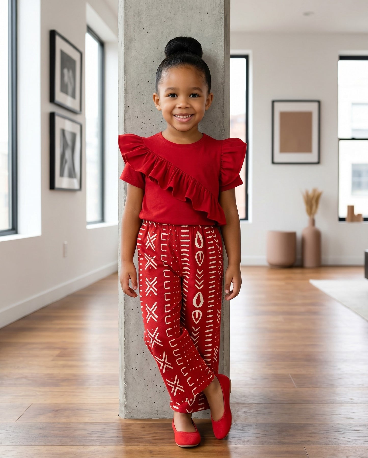 Girls' African Print Ruffle Top & Pants Set – Red