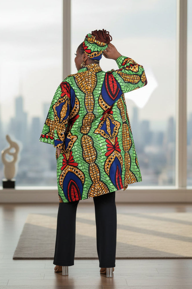 African Print Short Kimono Duster w/Matching Headwrap