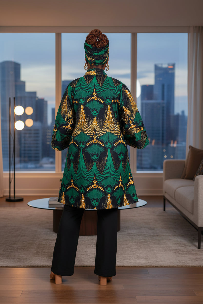 African Print Short Kimono Duster w/Matching Headwrap