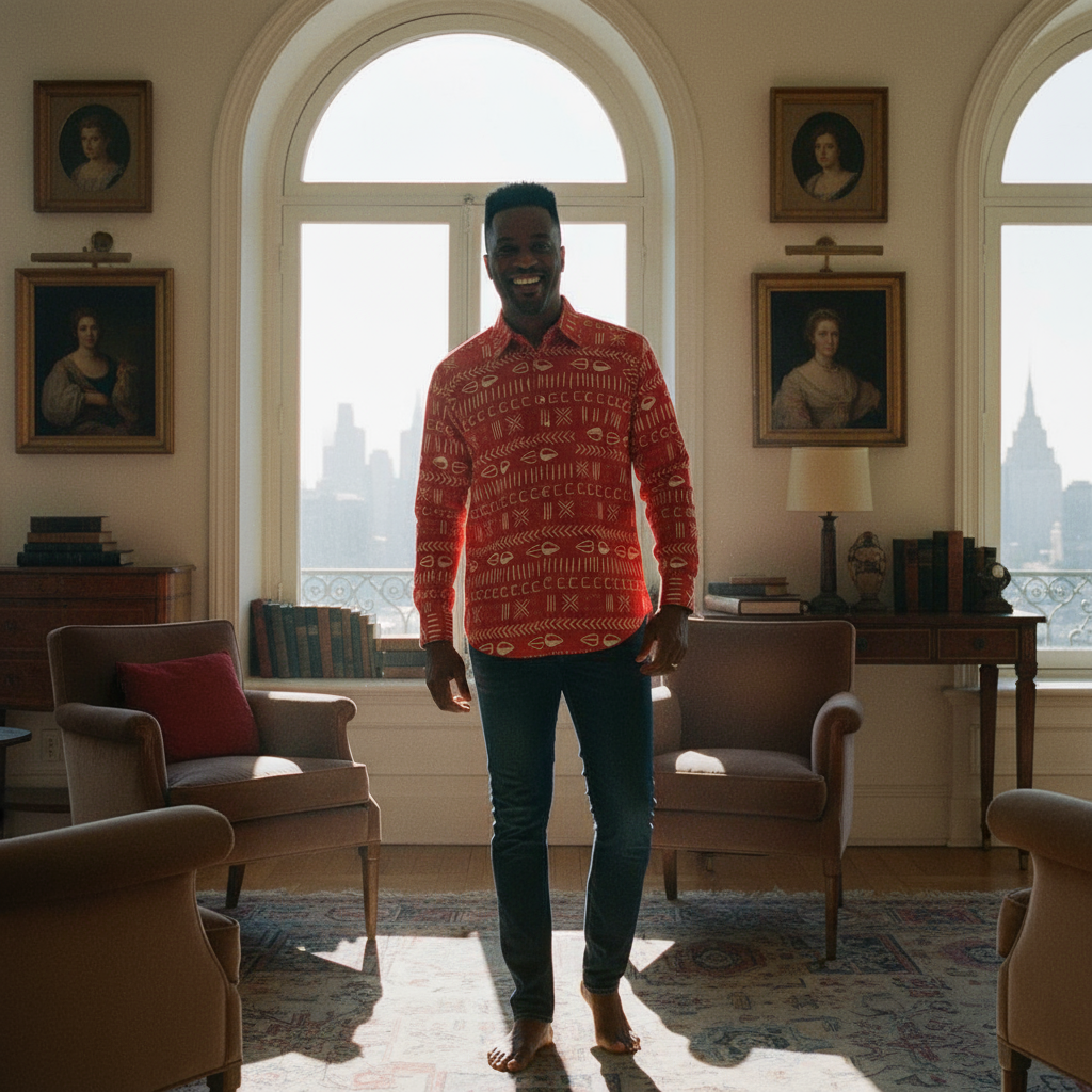Man in a red patterned shirt standing in a room with large windows and decorative portraits.