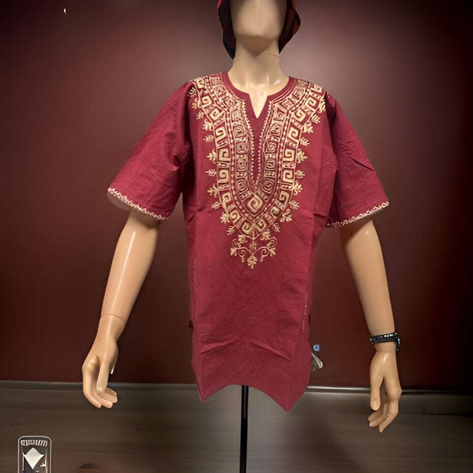 Maroon Gold Embroidered Short Sleeves Dashiki Shirt