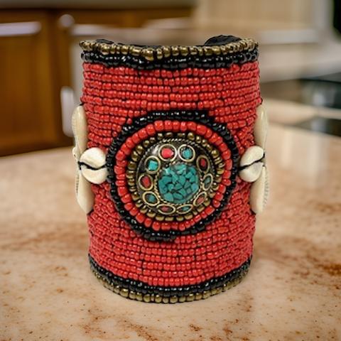 African Style Red Cuff Beaded Bracelet - MAGOS