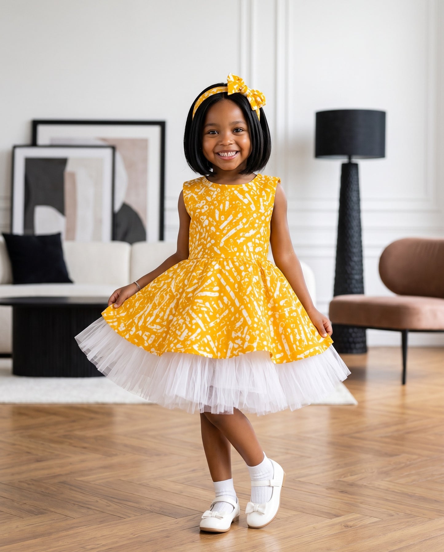 Girls Sleeveless Yellow White Frill Frock Tulle Overlay African Print Dress