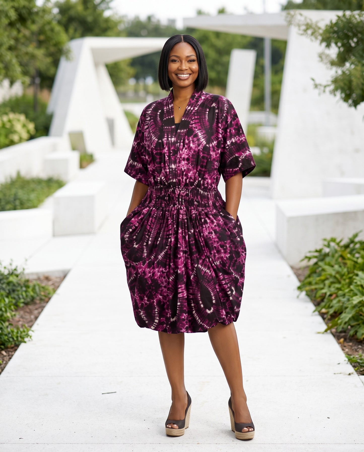 Women's African Print Smocked Bubble Dress – Purple & Black