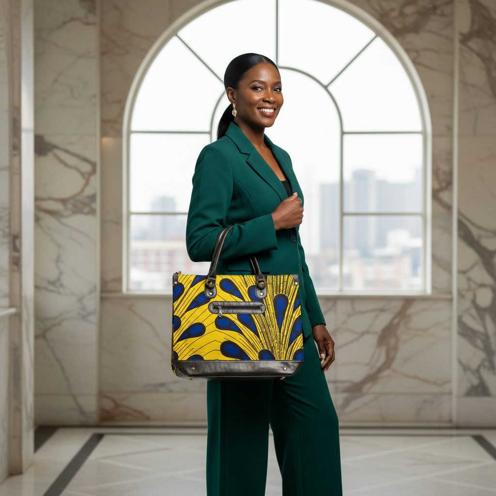 Woman in a green suit holding a colorful handbag in a marble hallway.
