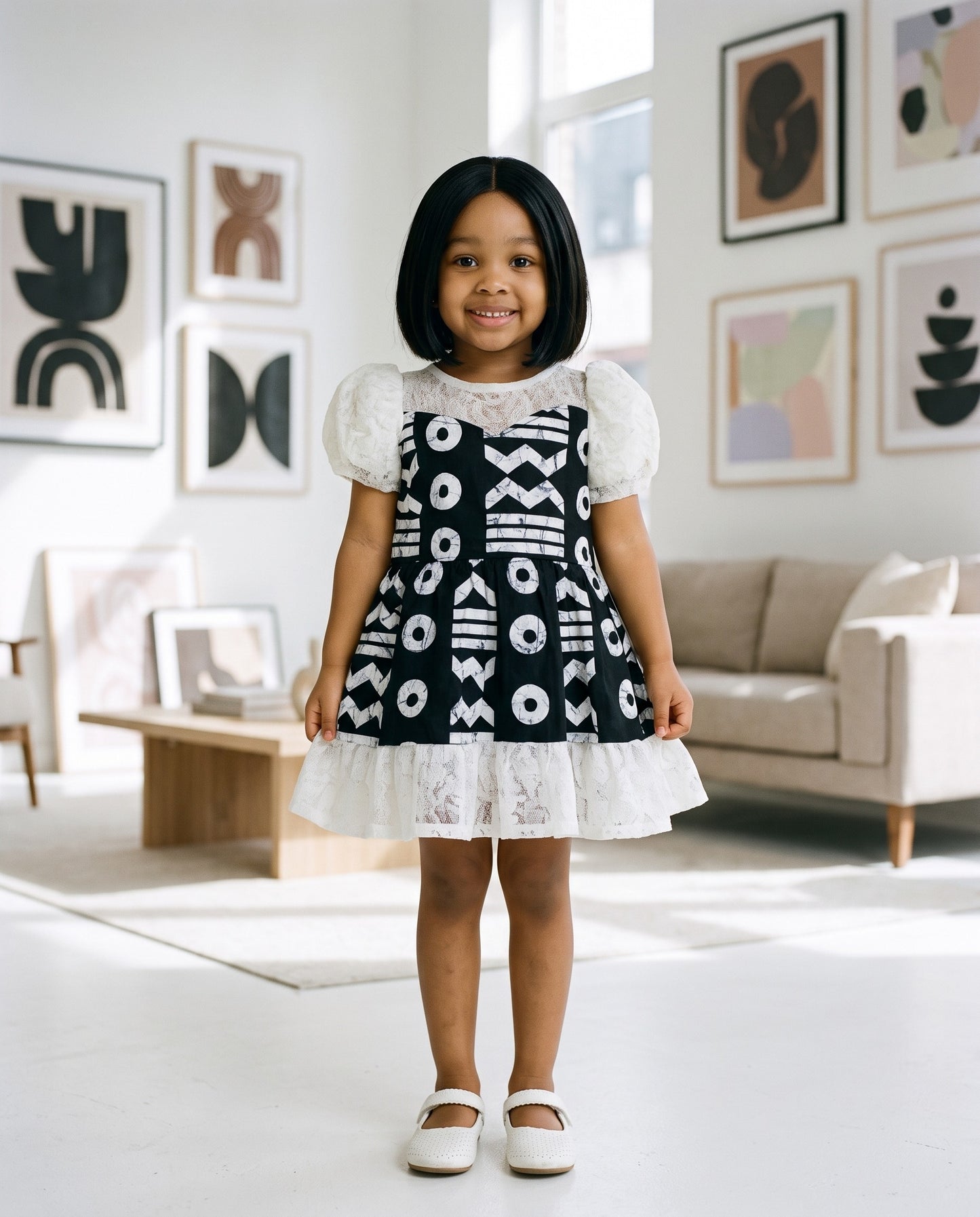 Girls Black White Puff Sleeve Tulle Overlay African Print Dress (Ages 2–12)