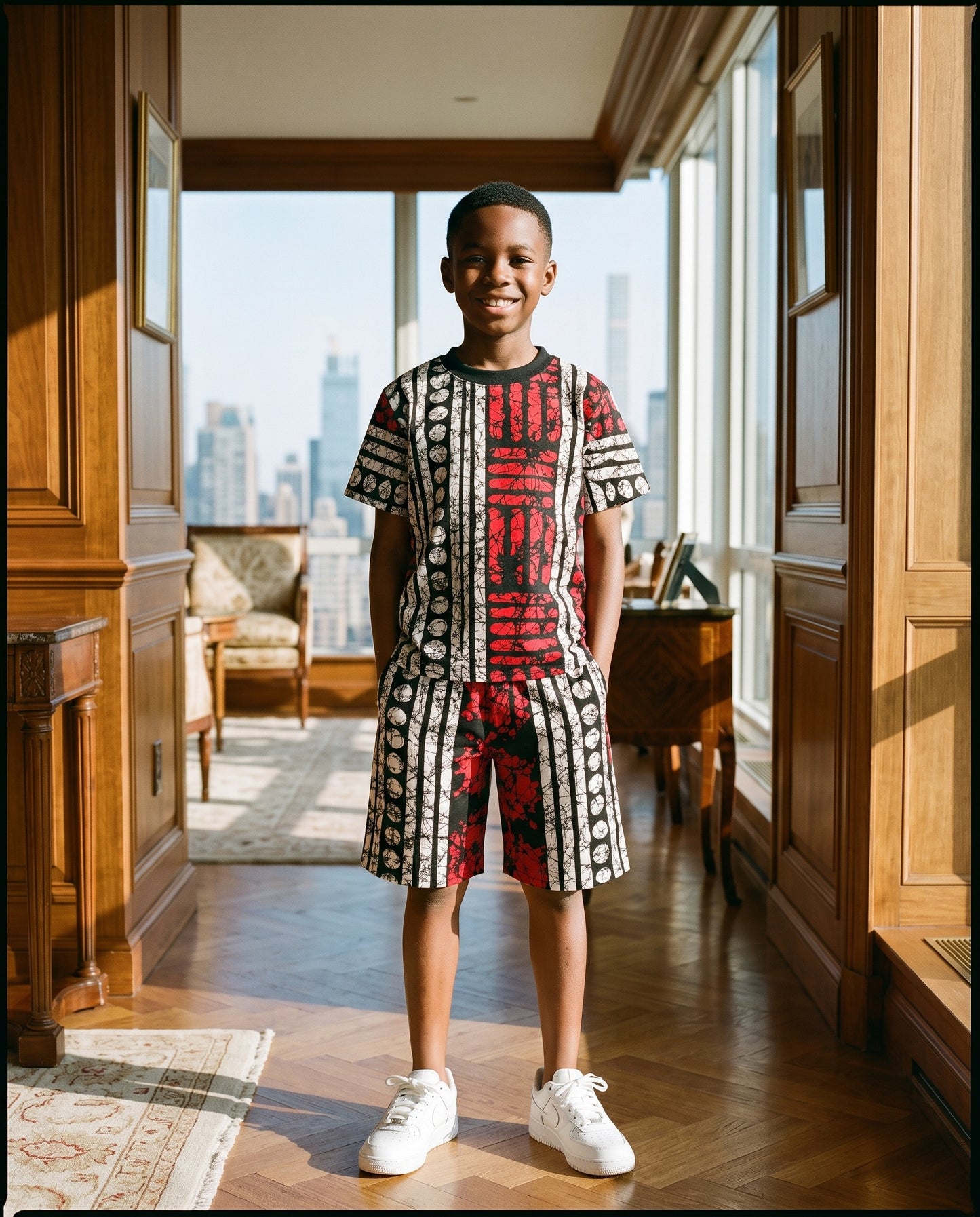 Boys Red, Black and White African Print Shorts Set