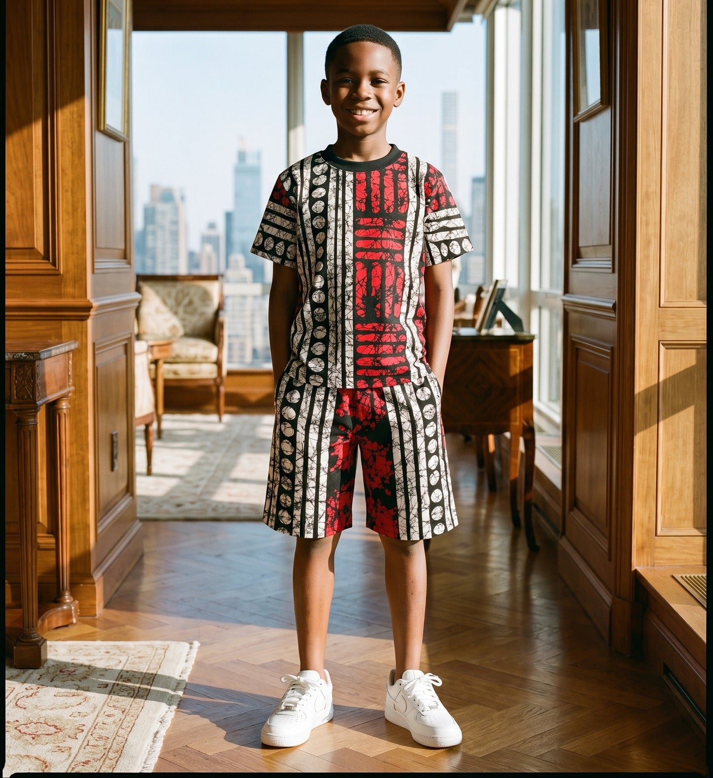 Boys Red, Black and White African Print Shorts Set