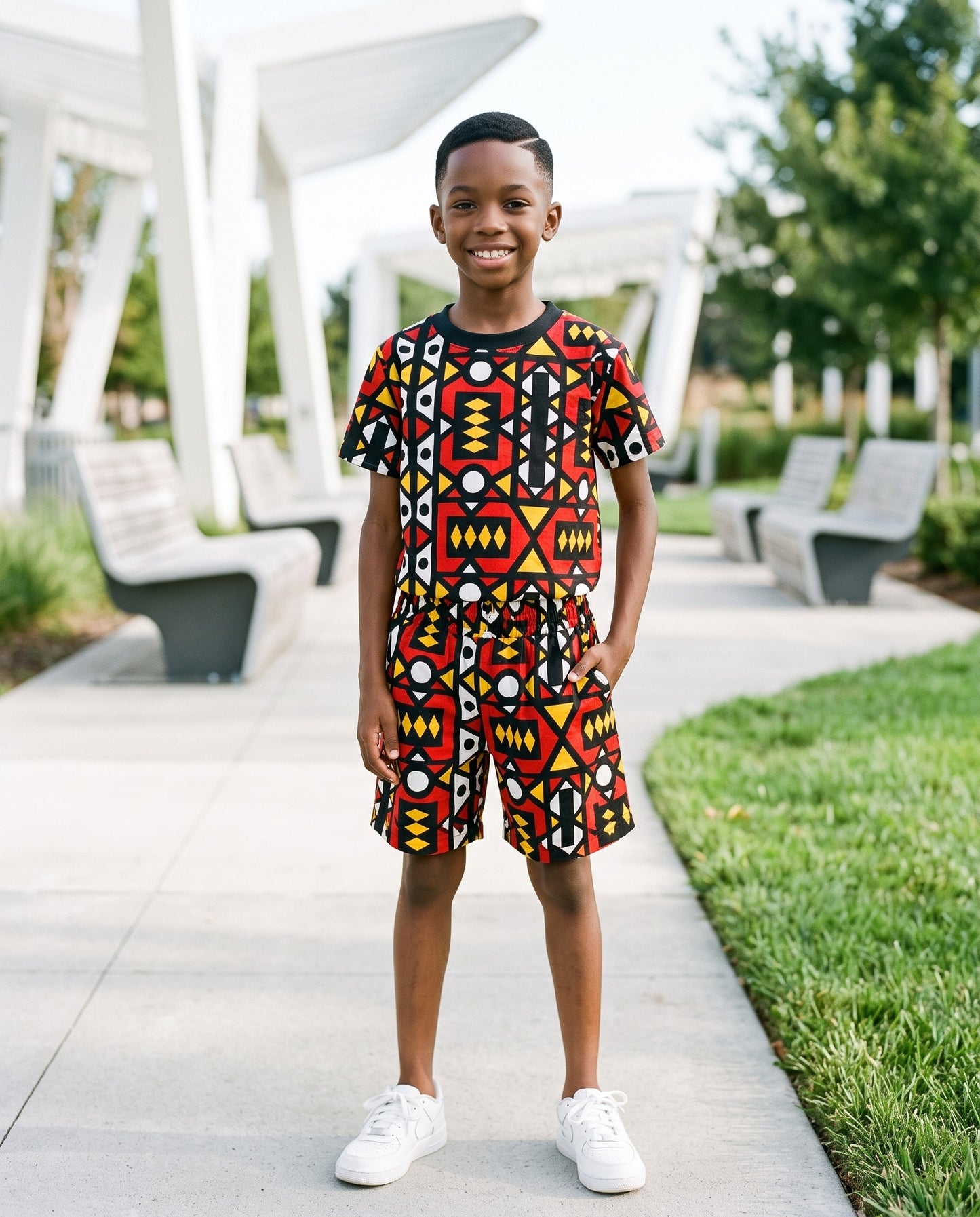 Boys Red Yellow African Print Shorts Set