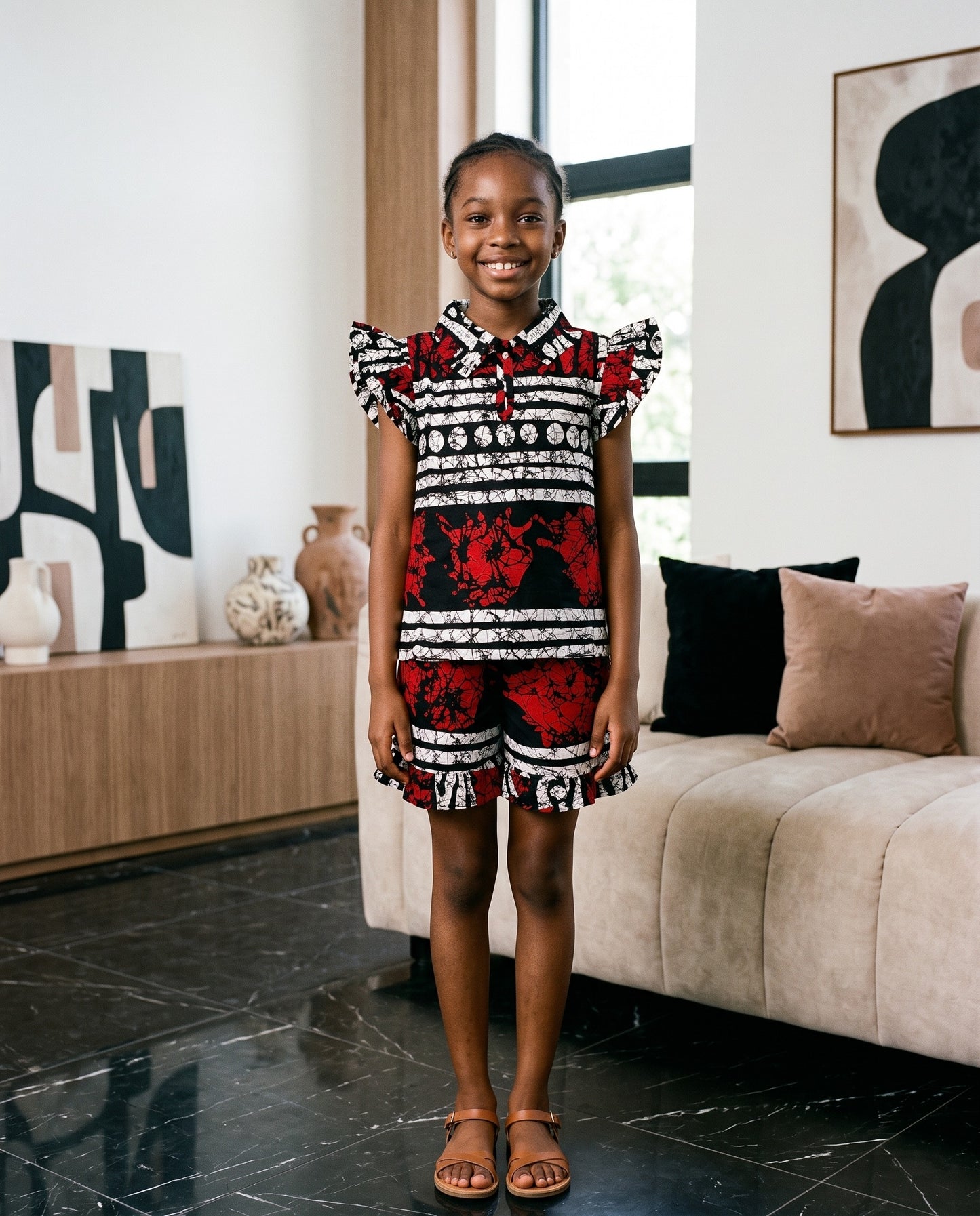 Girls Red, Black and White African Print Ruffle Sleeve Shorts Set