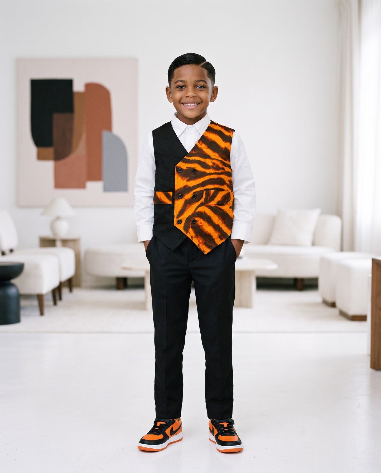Boys African Orange Tiger Print Vests (Ages 2–14)