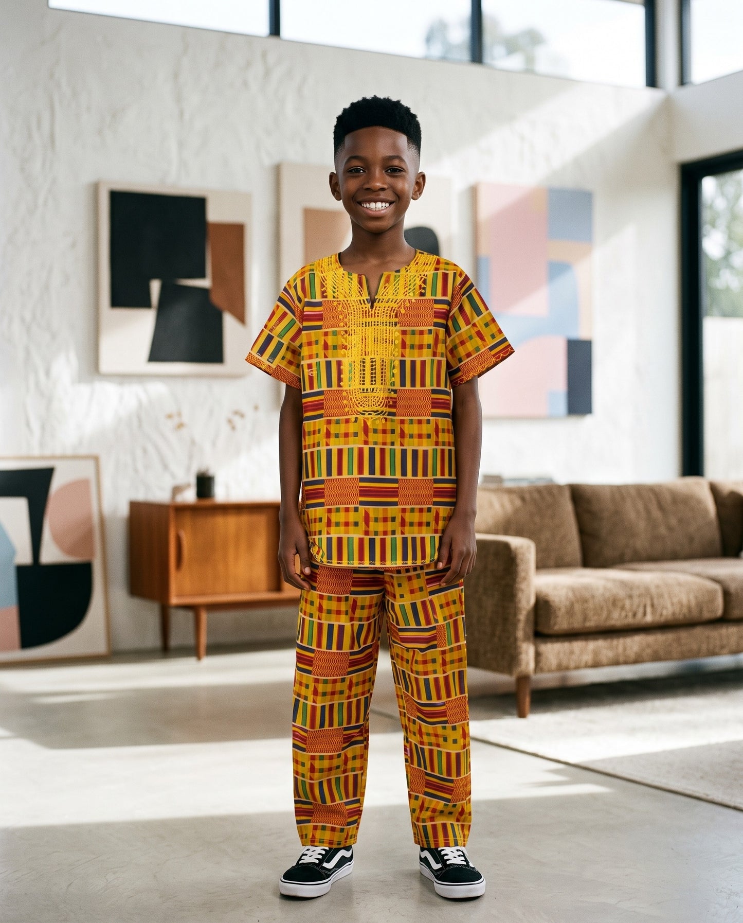 Boys Yellow Kente African Print Shirt & Pants Set (Ages 2–14)