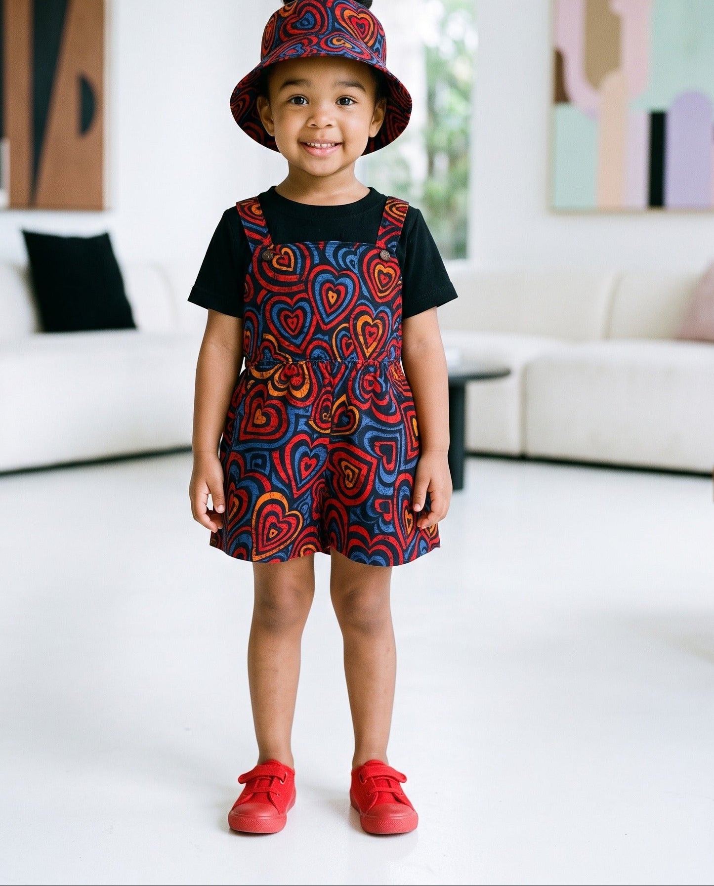Girls Heart Shaped African Print Pinafore Romper + Hat Set (Ages 2–12)