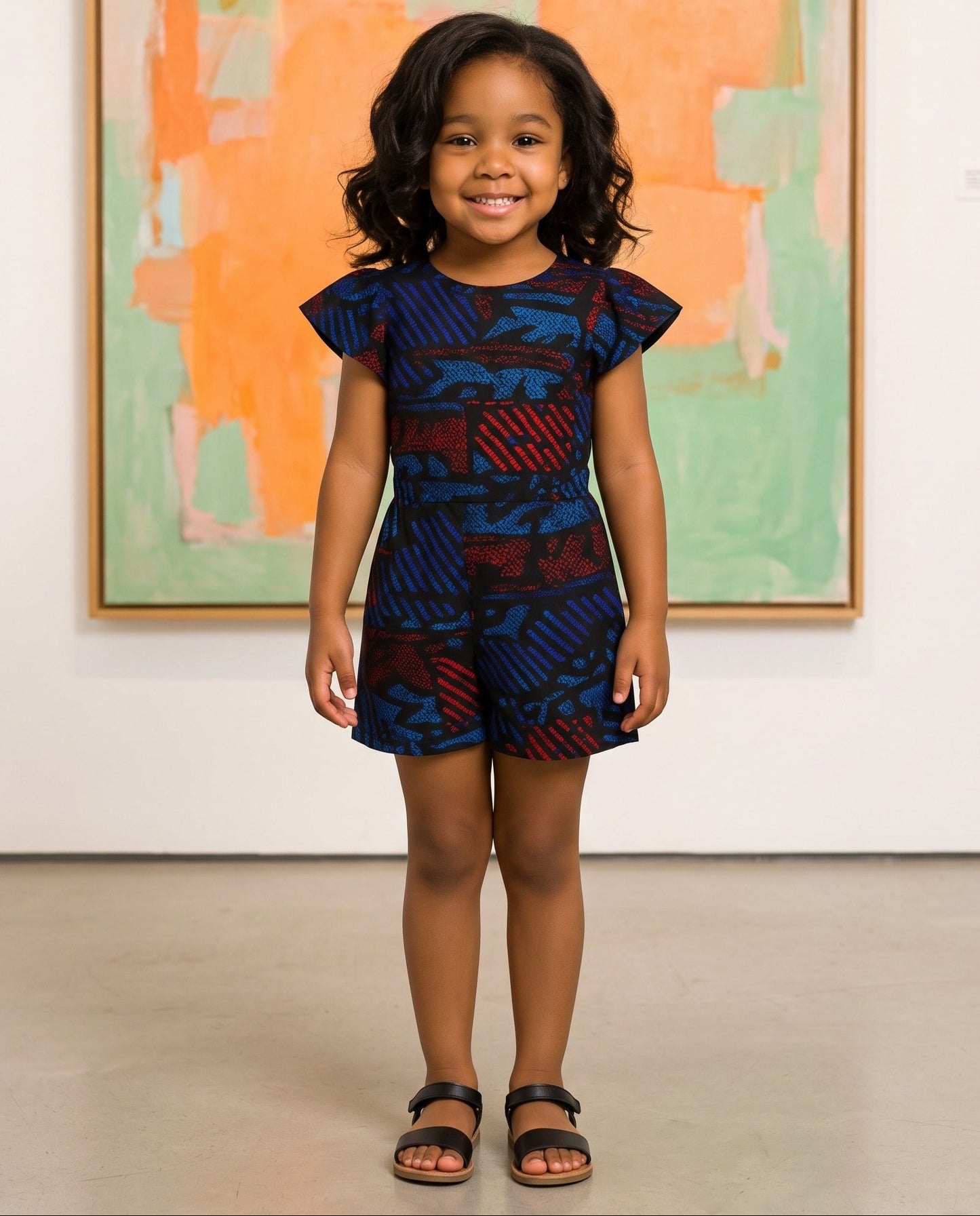 Girls Blue African Print Pinafore Romper (Ages 2–12)
