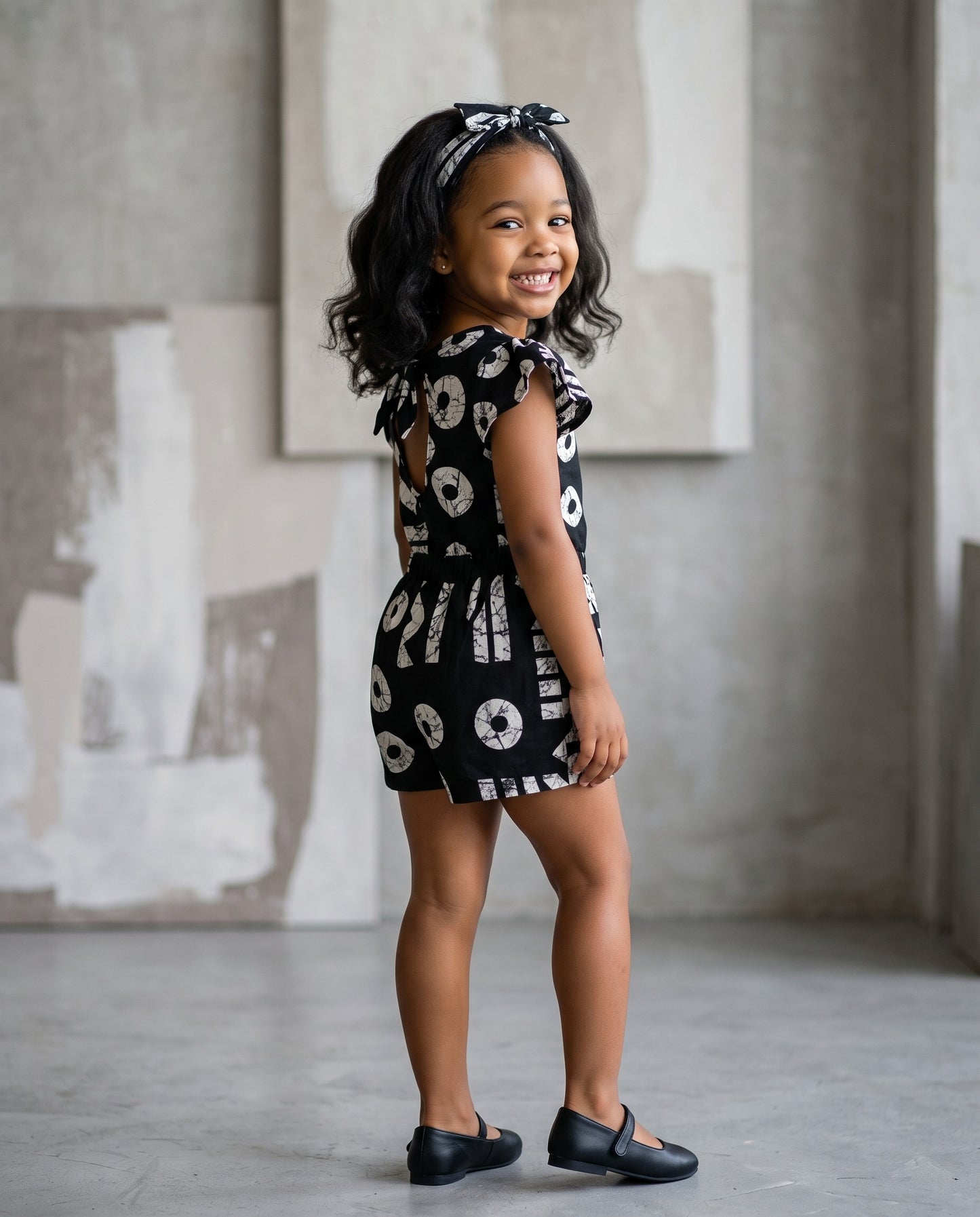 Girls Black African Print Pinafore Romper (Ages 2–12)