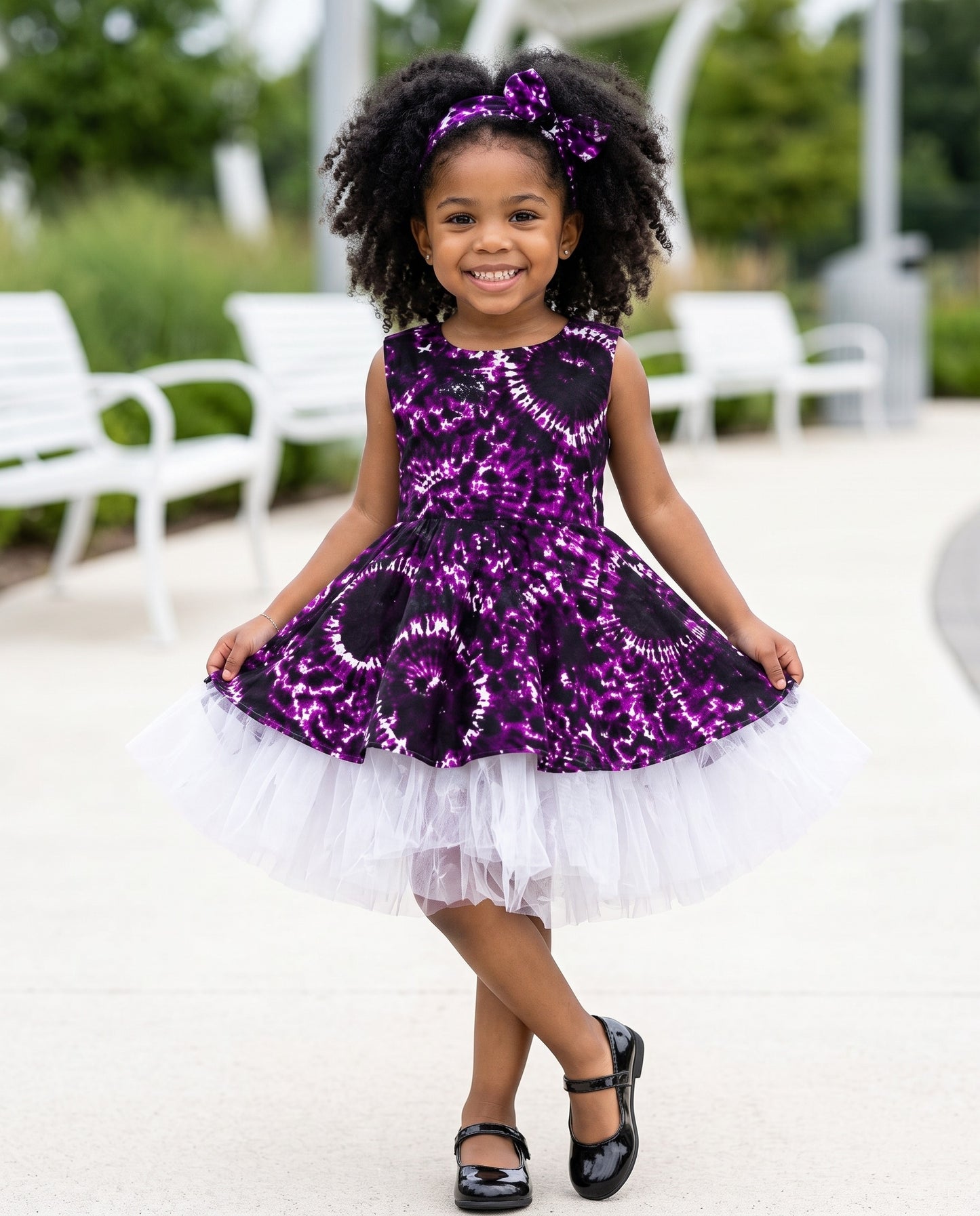 Girls Sleeveless Purple Frill Frock Tulle Overlay African Print Dress