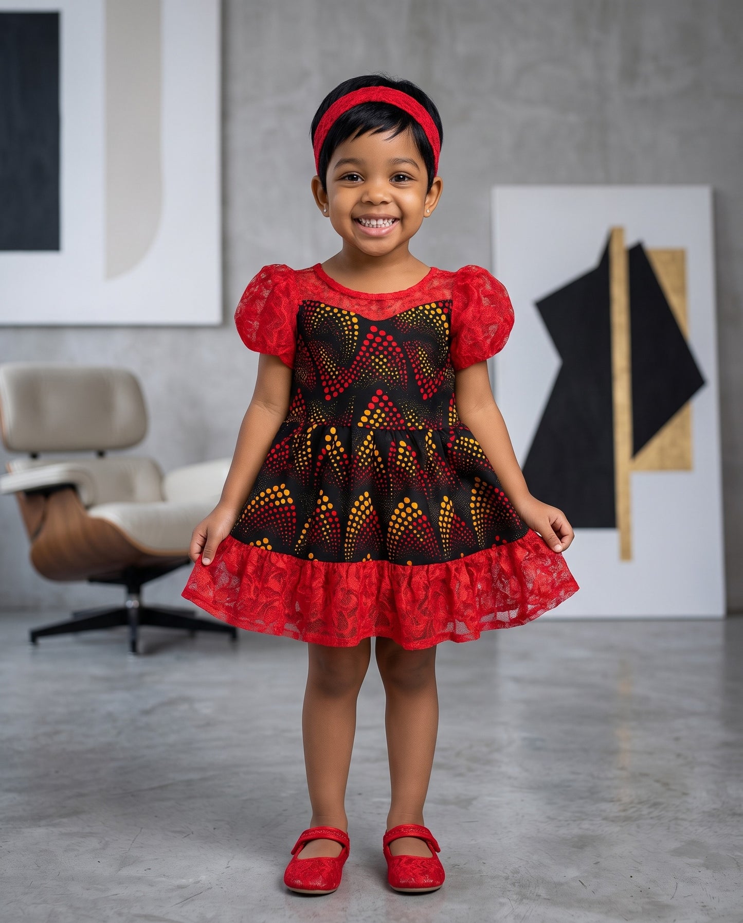 Girls Red Puff Sleeve Tulle Overlay African Print Dress (Ages 2–12)