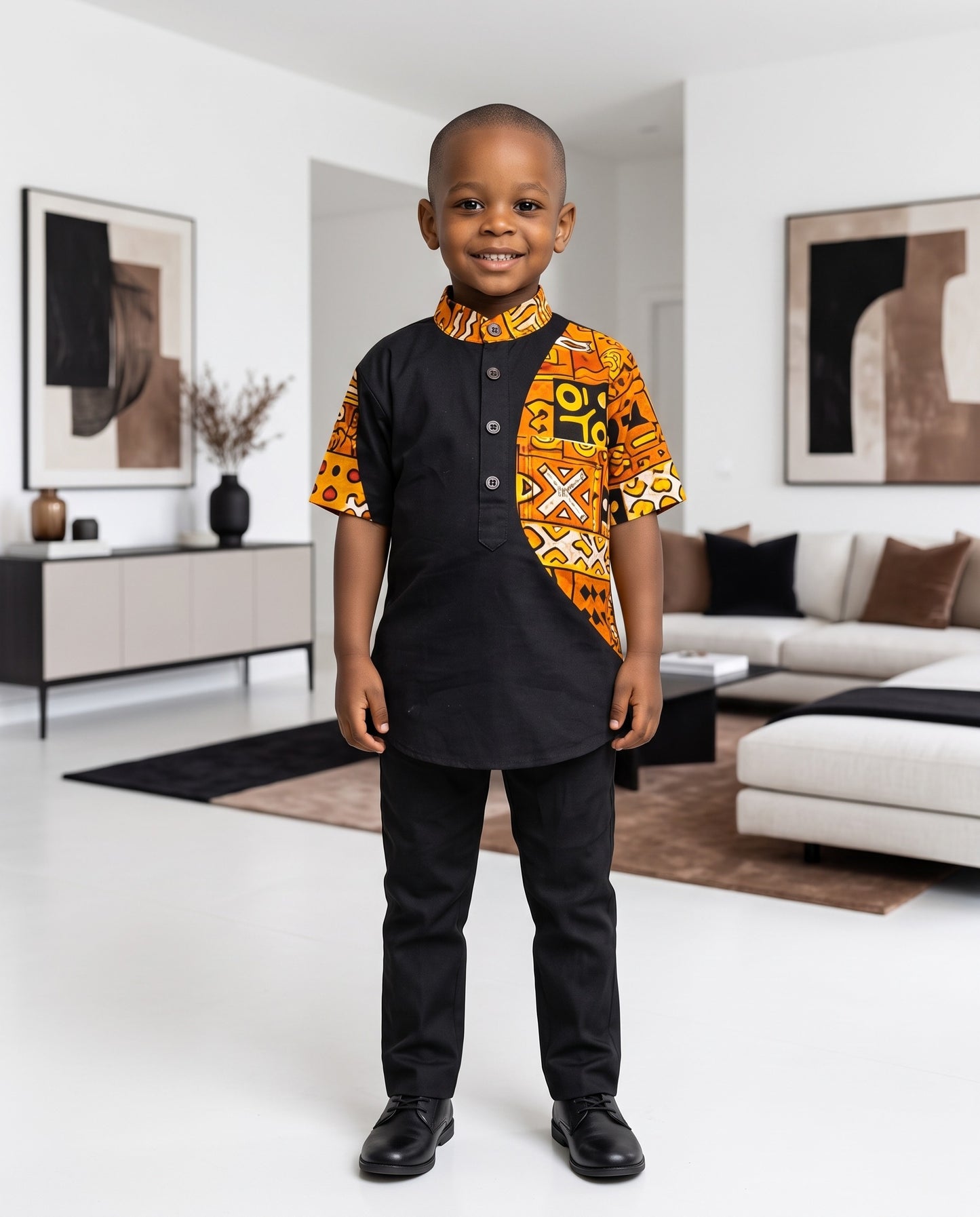 Boys African Orange Geometric Kente Print Shirt (Ages 2–14)