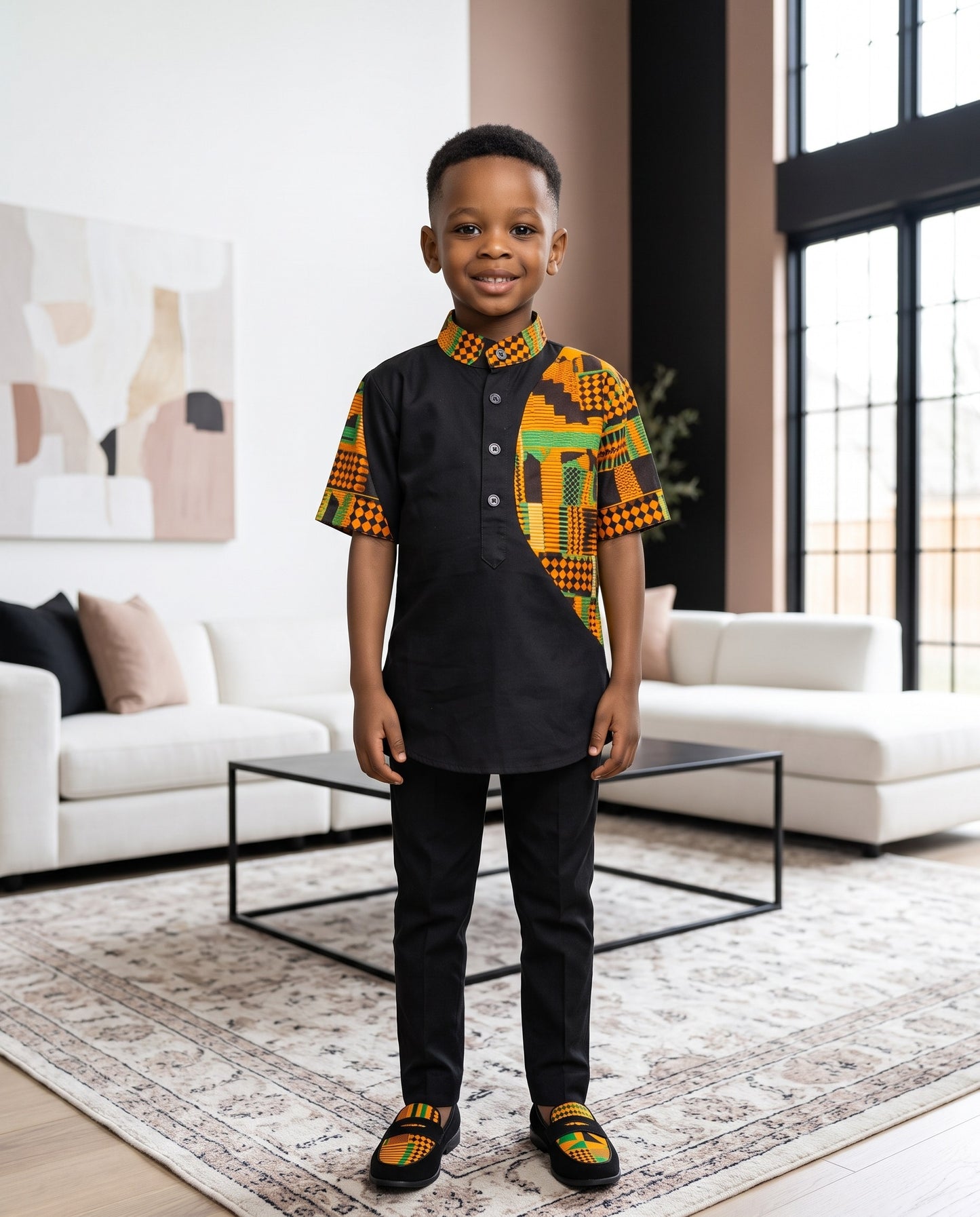 Boys African Orange Patchwork Kente Print Shirt (Ages 2–14)