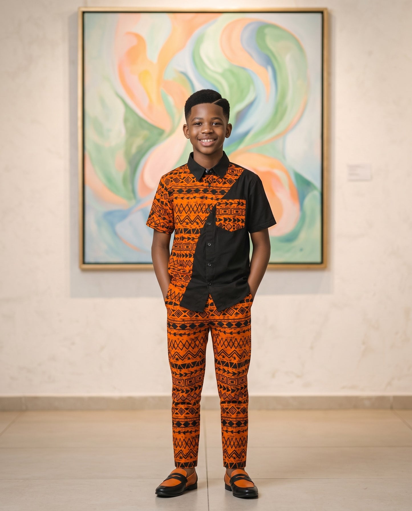 Boys African Orange Print Shirt (Ages 2–14)
