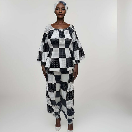 Women's Black/White African Print Pants Set