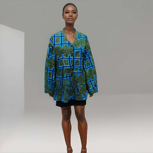 Women's Green/Blue Square Pattern African Print Top