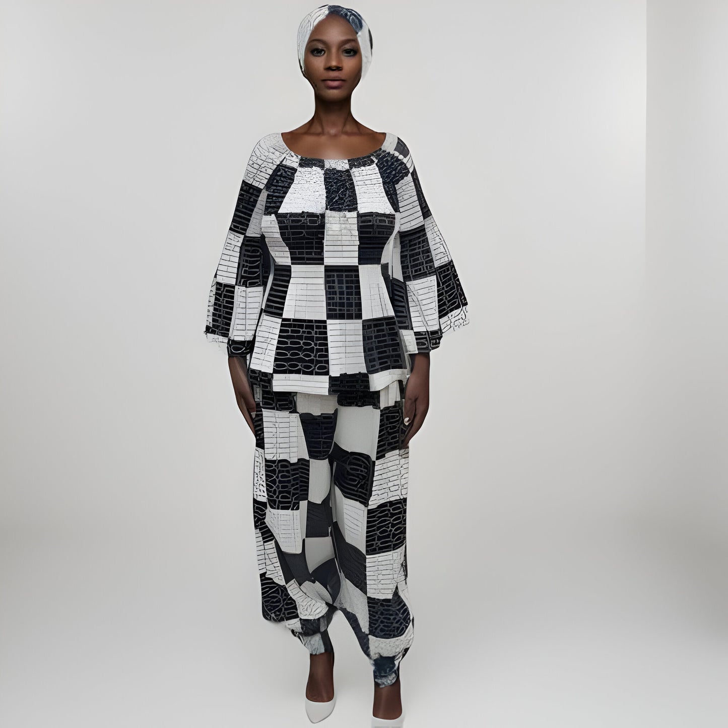 Women's Black/White African Print Pants Set