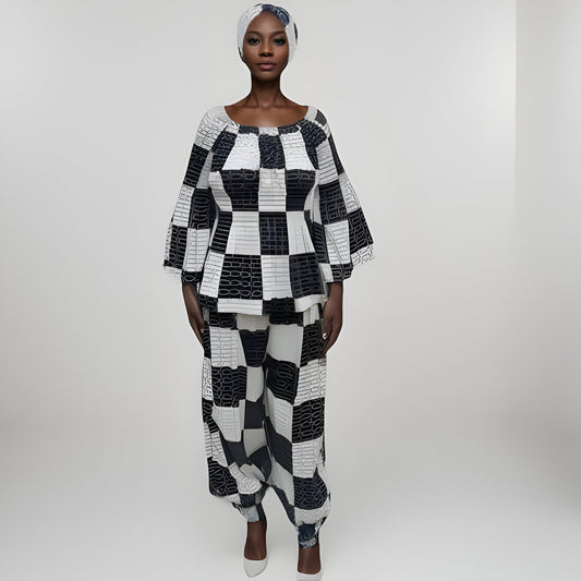Women's Black/White African Print Pants Set