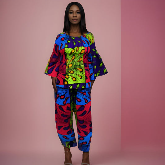 Women's Blue Peacock Multi-Print African Print Pants Set