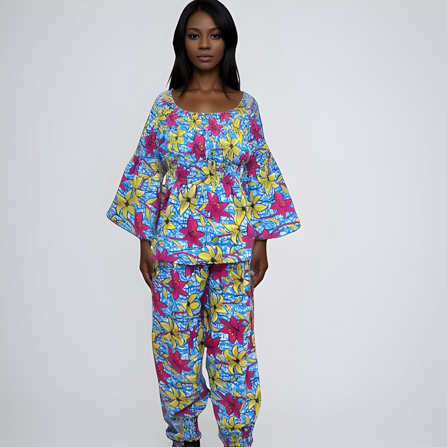 Women's Blue/Pink Multi-Floral African Print Pants Set